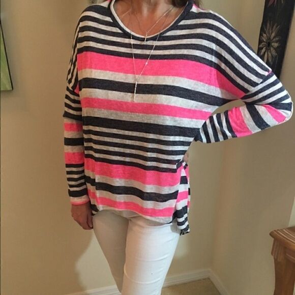 Pink White Gray High Low Striped Crochet Elbow Long Sleeve Top - Picture 2 of 3